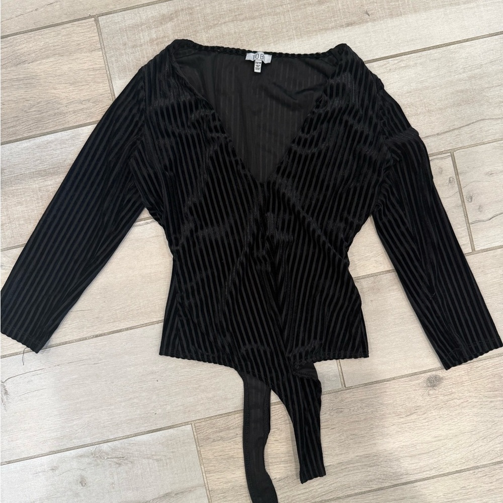 TOBI XS Black velvet vertical striped v-neck bodysuit